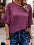 xakxx Ruffle Sleeves Asymmetric Buttoned Solid Color Split-Joint Round-Neck T-Shirts Tops