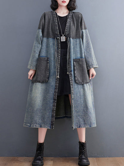 xakxx Artistic Retro Denim Long Sleeves Loose Tied Split-Joint Trench Outerwear