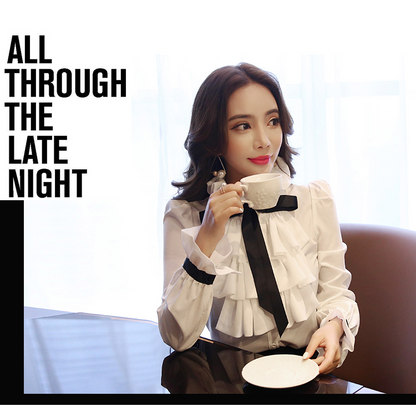 Xakxx - New Women blouse tops White Ruffles Bow Long Sleeve Chiffon Blouse 2023 New Work Wear Office Blusas Femininas ladies shirt 570A