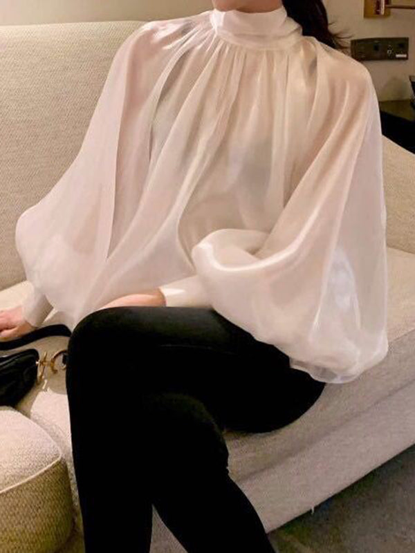 xakxx Urban Black&White Puff Sleeves High-Neck Blouse