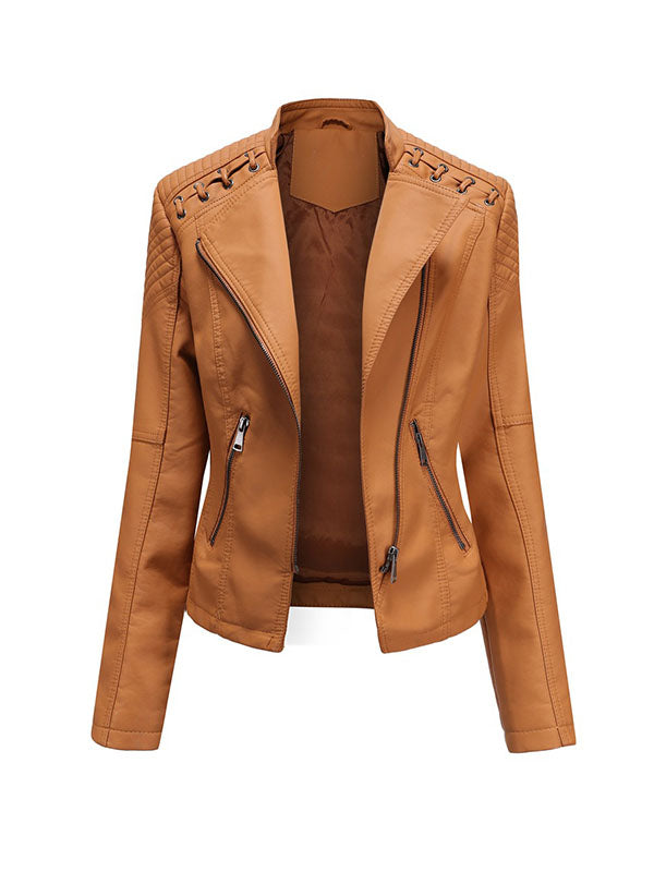 xakxx Long Sleeves Split-Joint Zipper Mock Neck PU Jackets Outerwear