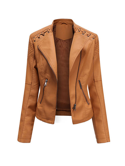 xakxx Long Sleeves Split-Joint Zipper Mock Neck PU Jackets Outerwear