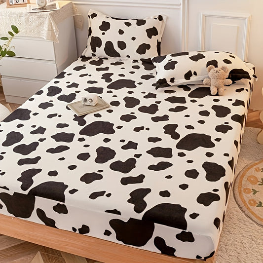 3-Piece Cow Print Fitted Sheet Set - Snug & Stylish Bedding for Bedrooms, Guest Rooms, and Hotels - Includes 2 Pillowcases, No Comforter