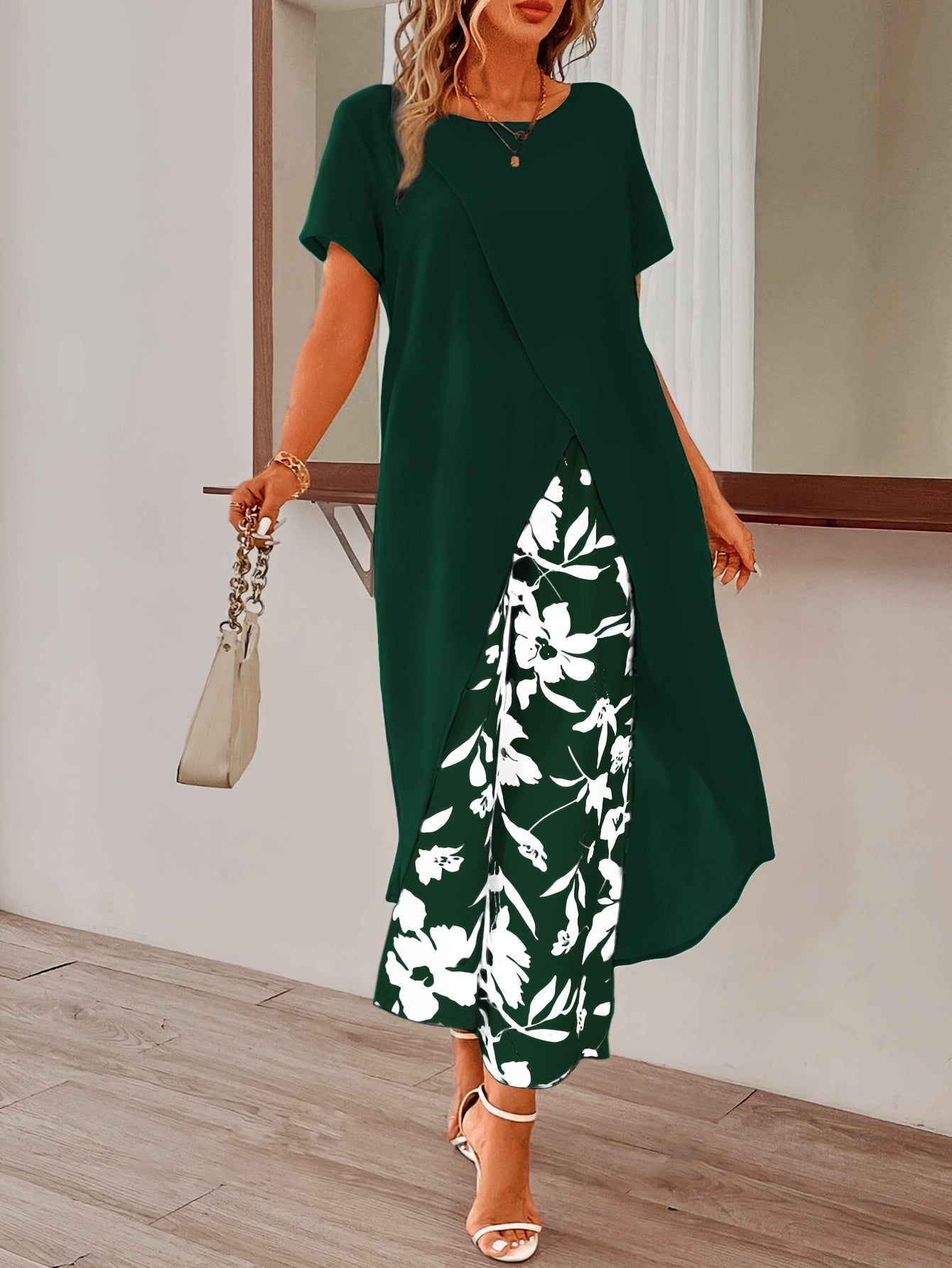 Womens Elegant Pants Set - Stylish Solid Color with Asymmetrical Hem Design, Comfortable Crew Neck Short Sleeve Top, Vibrant Floral Print Pants - Perfect for Spring and Summer Seasons, Complete Outfits for a Stylish Ensemble