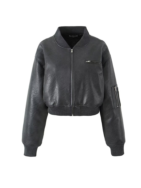xakxx Quilted Solid Color Zipper Stand Collar PU Jackets Outerwear