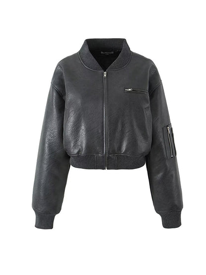 xakxx Quilted Solid Color Zipper Stand Collar PU Jackets Outerwear