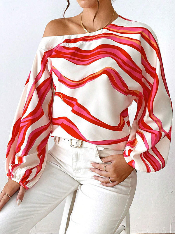 xakxx Long Sleeves Loose Asymmetric Striped One-Shoulder Blouses&Shirts Tops