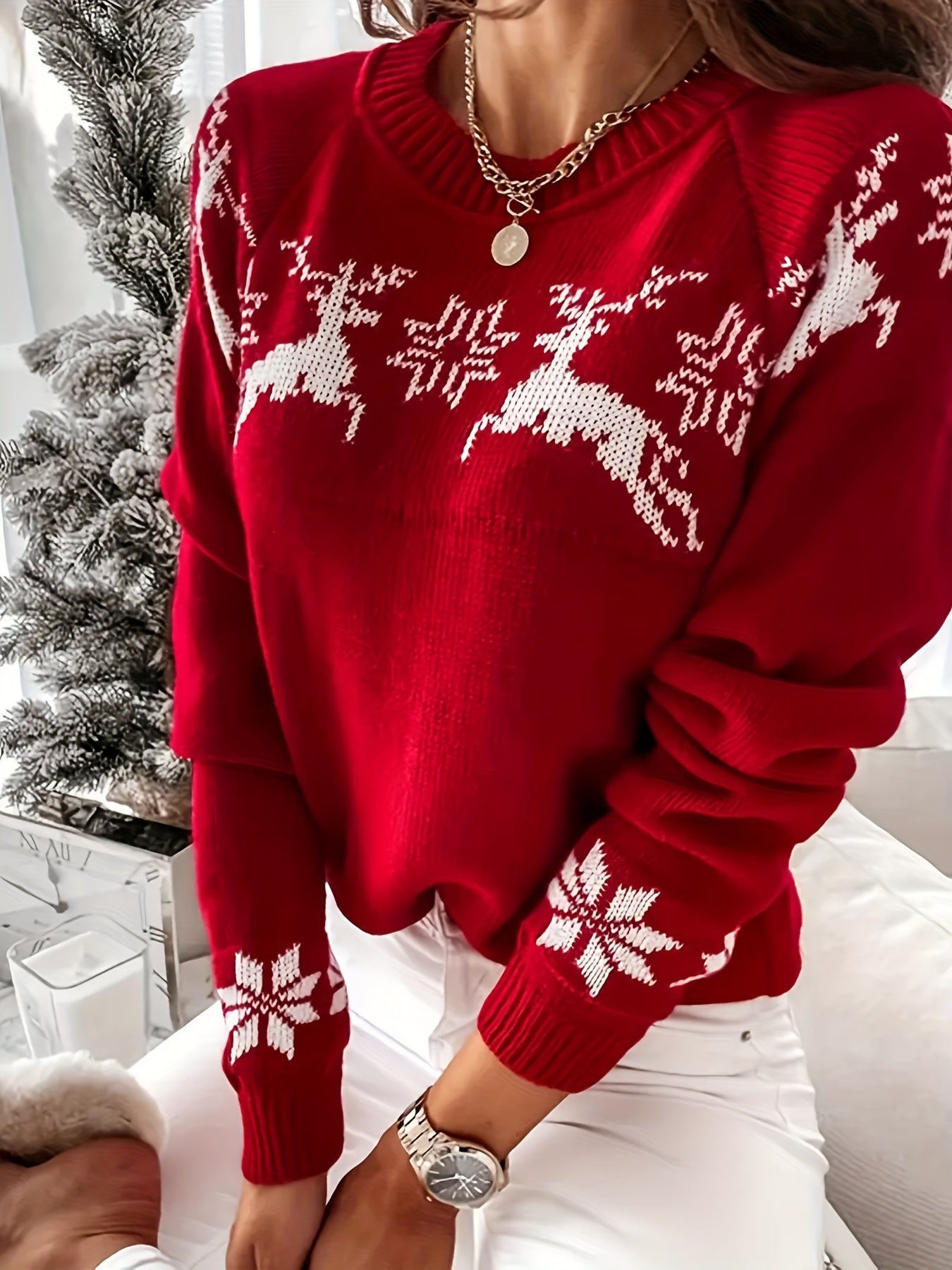 Elegant Plus Size Christmas Sweater for Women - Cozy Acrylic Knit, Long Sleeve, Crew Neck Pullover with Festive Reindeer Design