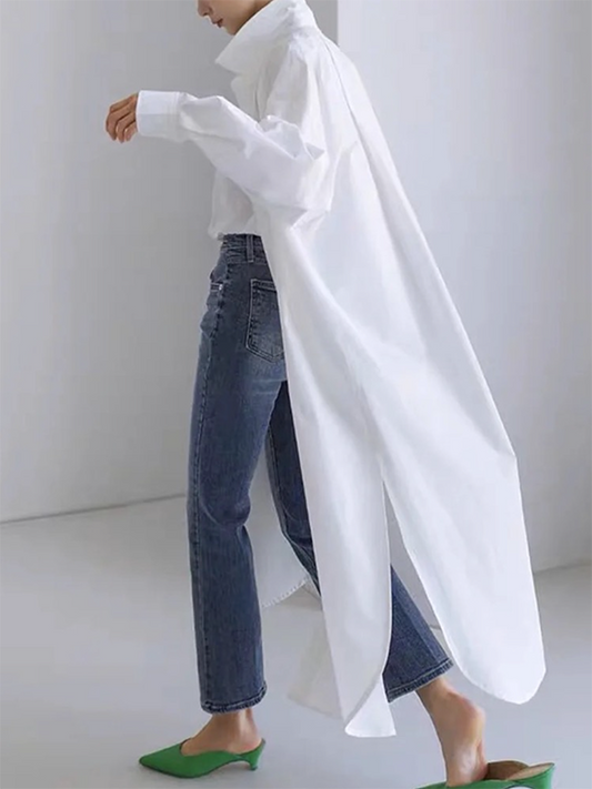 xakxx Long Sleeves Loose Buttoned Solid Color Split-Side Lapel Collar Shirt Outerwear