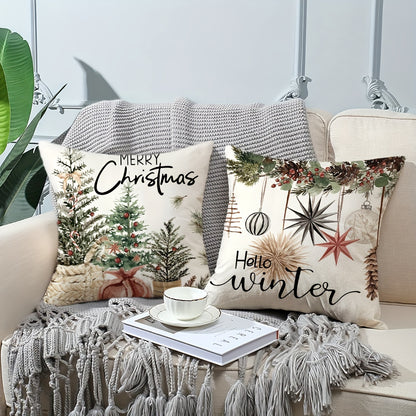 4pcs 18*18Inch Christmas Pillow Covers, Set of 4 Winter Farmhouse Throw Pillowcases for Couch Sofa Living Room Outdoor, Christmas Tree Reindeer Hello Winter Decor Without Pillow Inserts