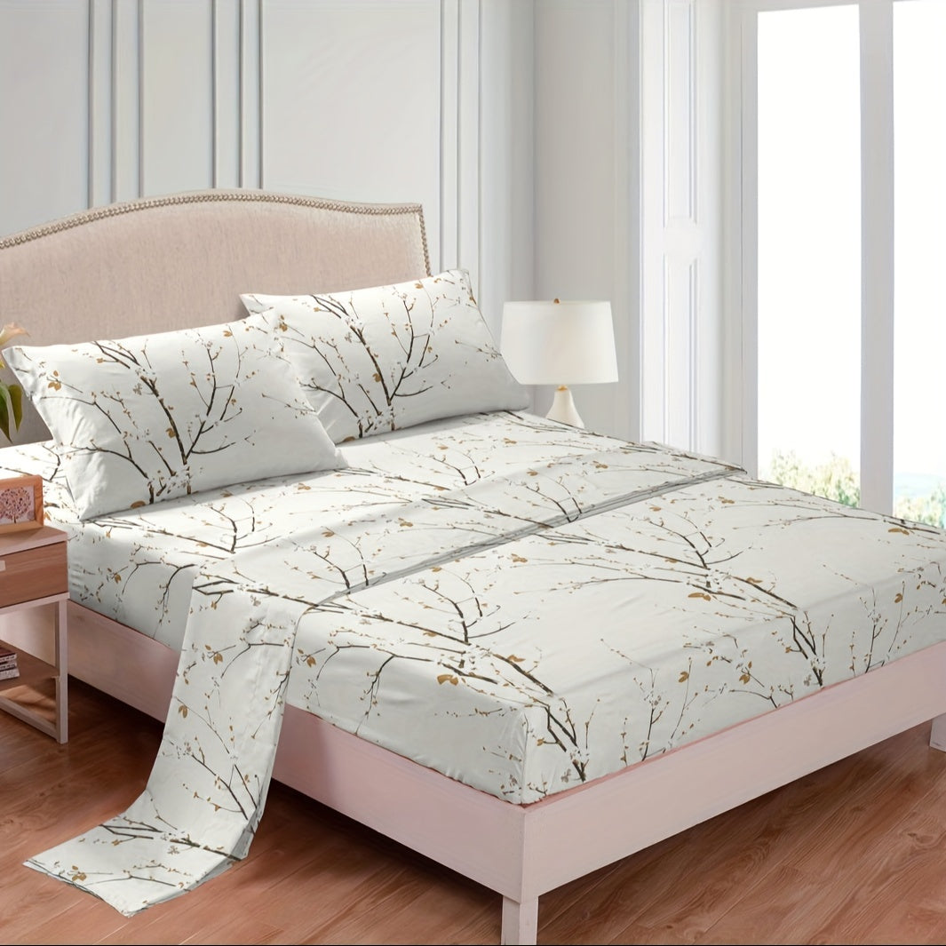 4pcs Luxury Flower Print Fitted Sheet Set - Soft, Hypoallergenic & Breathable Bedding - Wrinkle-Free & Fade-Resistant - Perfect for Bedrooms & Guest Rooms - 1 Flat Sheet, 1 Fitted Sheet, 2 Pillowcases - No Mattress Core