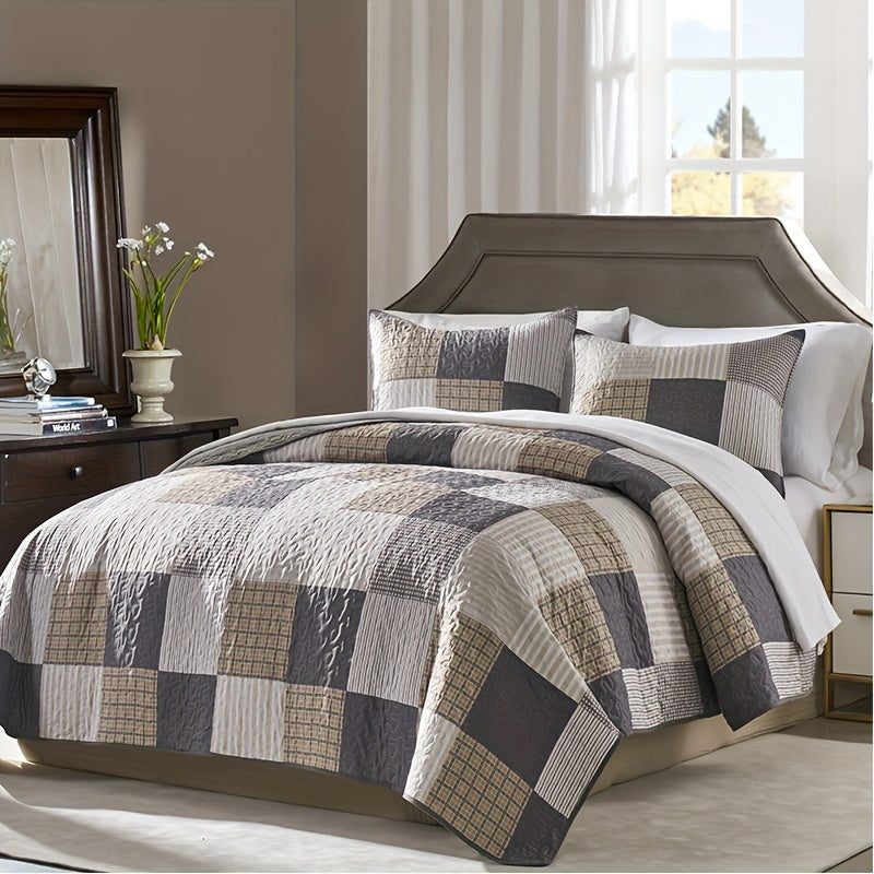3-Piece Double Bedspread Set - Reversible, Ultra-Lightweight, Super-Soft, Quilted Checkered Patchwork Plaid Design - Complete Set with 2 Pillowcases, No Filling, Suitable for All Seasons