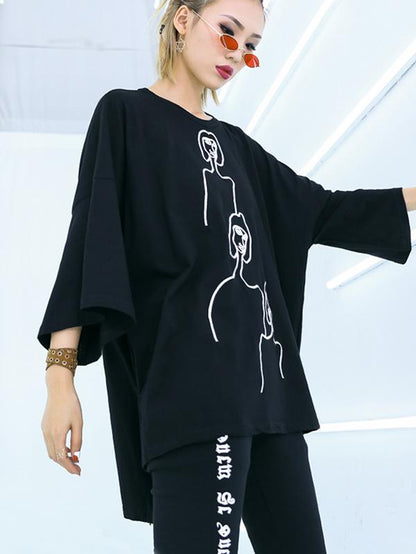 xakxx Embroidered Black&White Loose Round-Neck T-Shirt