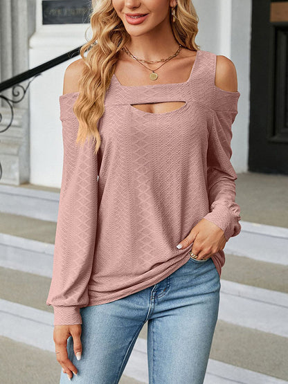 xakxx Long Sleeves Loose Hollow Jacquard Solid Color U-Neck T-Shirts Tops