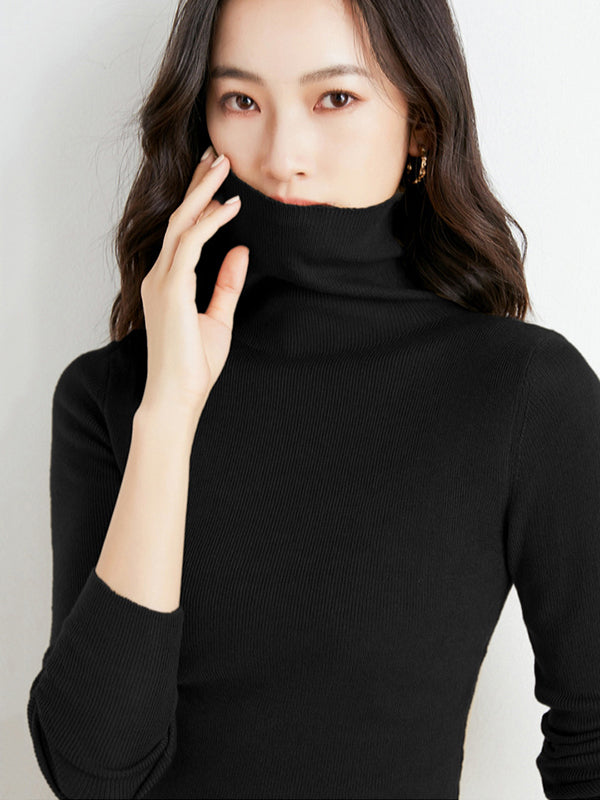xakxx Simple Skinny Long Sleeves Solid Color High-Neck Sweater Tops Pullovers