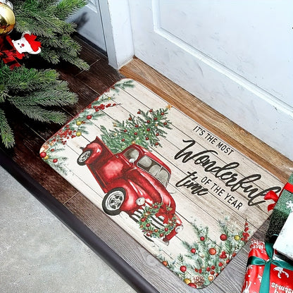 1pc Christmas Car Bathroom Absorbent Floor Mat, Merry Christmas Quick-drying Floor Mat, Christmas Tree Non-slip Floor Mat, Hallway Balcony Polyester Rug, Entrance Door Mat, Christmas Decorative Rug, Washable Home Operated Rug Hallway Laundry Room