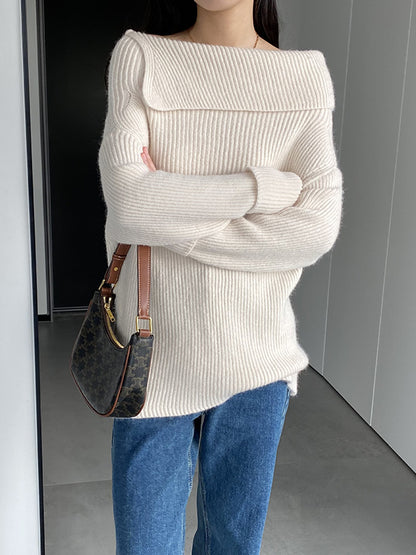 xakxx Long Sleeves Loose Solid Color Off-The-Shoulder Knitwear Pullovers Sweater
