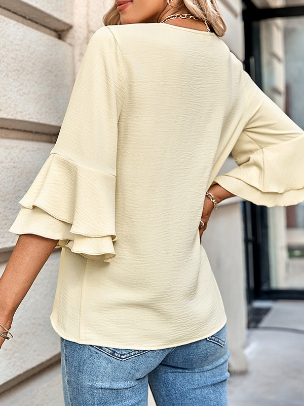 xakxx Half Sleeves Loose Solid Color V-Neck T-Shirts Tops