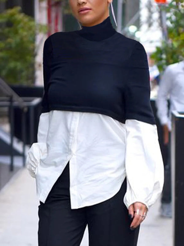 xakxx False Two Puff Sleeves Contrast Color Split-Joint High Neck Blouses&shirts Tops