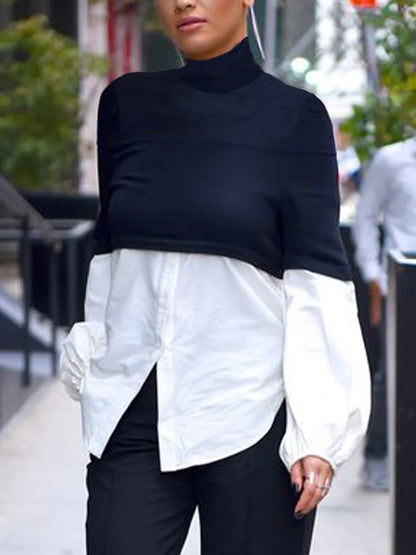 xakxx False Two Puff Sleeves Contrast Color Split-Joint High Neck Blouses&shirts Tops