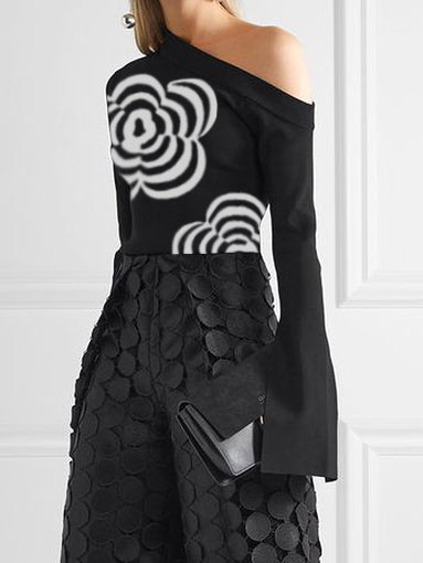 xakxx Long Sleeves Loose Flower Print One-Shoulder T-Shirts Tops