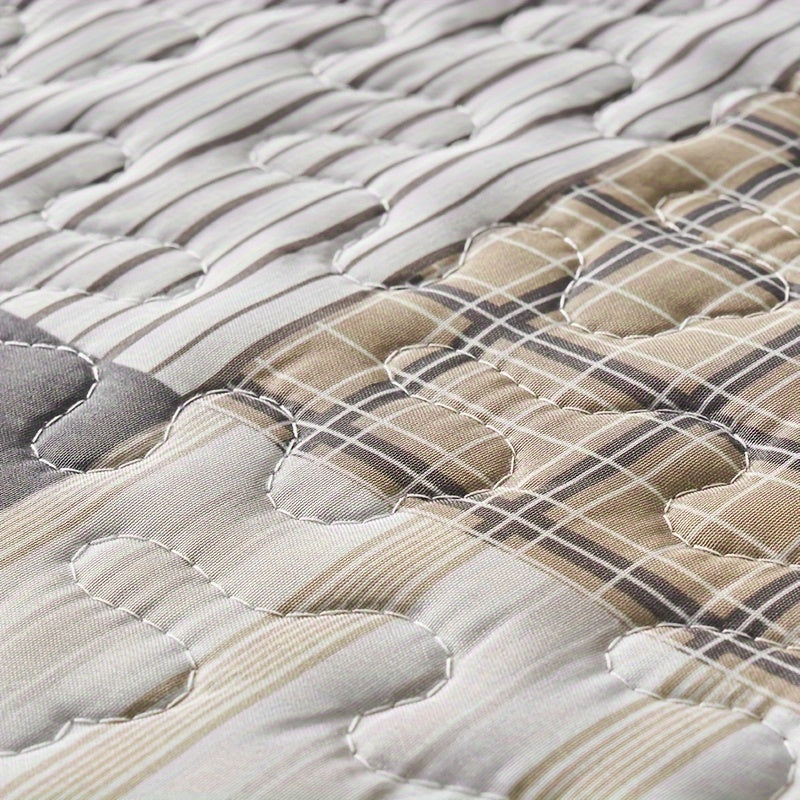 3-Piece Double Bedspread Set - Reversible, Ultra-Lightweight, Super-Soft, Quilted Checkered Patchwork Plaid Design - Complete Set with 2 Pillowcases, No Filling, Suitable for All Seasons