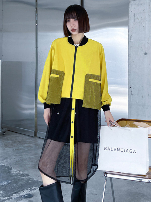 xakxx Stylish Split-Joint With Pocket Mesh Buttoned Stand Collar Long Sleeves Jacket Outwear