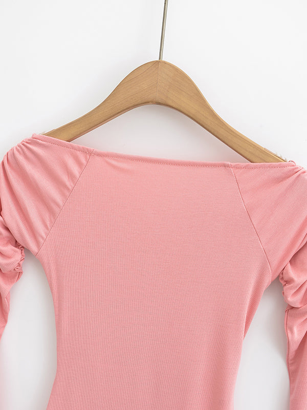 xakxx Flared Sleeves Long Sleeves Pleated Solid Color Boat Neck T-Shirts Tops