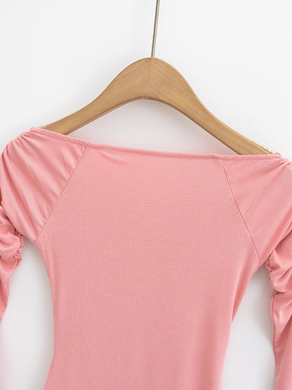 xakxx Flared Sleeves Long Sleeves Pleated Solid Color Boat Neck T-Shirts Tops