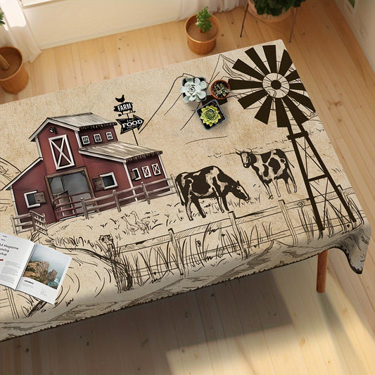 1pc Rustic Farmhouse Tablecloth - Stain Resistant, Erasable, Vintage Windmill Checked Design - Perfect for Home, Kitchen, Restaurant, Party, Festival, Gift, Wedding, Indoor, Outdoor Decor