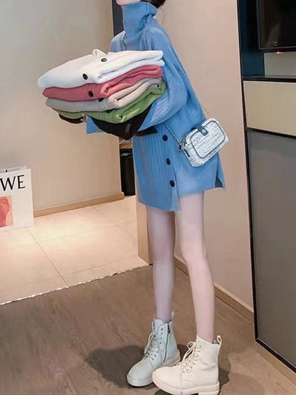 xakxx High-Low Long Sleeves Asymmetric Buttoned High-Neck Knitwear Pullovers Sweater Tops