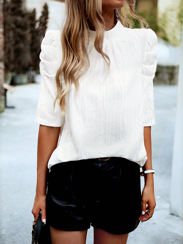 xakxx Half Sleeves Loose Hollow Pleated Solid Color Mock Neck T-Shirts Tops