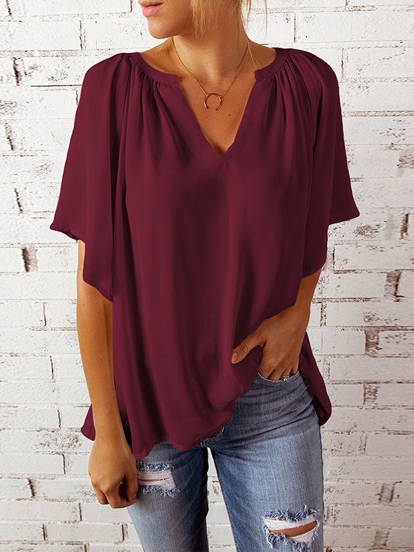xakxx Simple Casual Solid Color Loose Pleated Half Sleeves T-Shirt Top