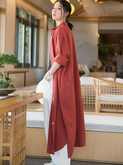 xakxx Artistic Retro Loose Simple Casual Solid Color Ramie Trench Coat