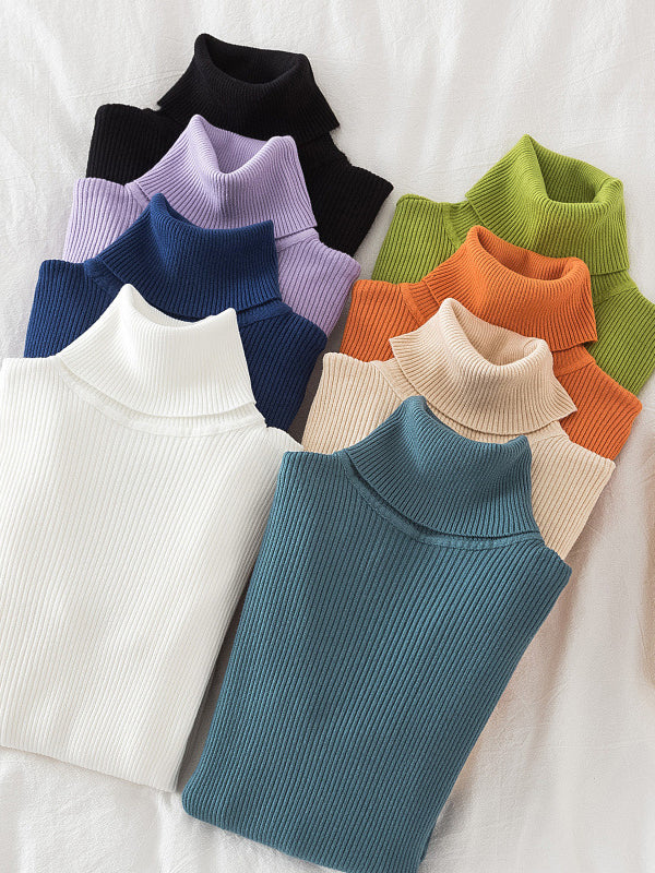 xakxx Simple Skinny Solid Color High-Neck Sweater Tops