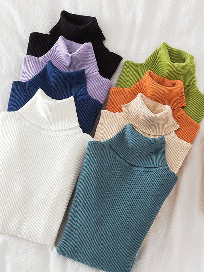 xakxx Simple Skinny Solid Color High-Neck Sweater Tops