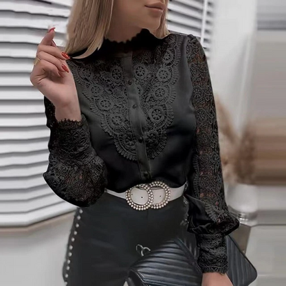 Xakxx - Women Sexy Lace Patchwork Hollow Out Shirt Blouse Long Sleeve O-Neck Mesh Design Tops Spring White Vintage Button Shirts