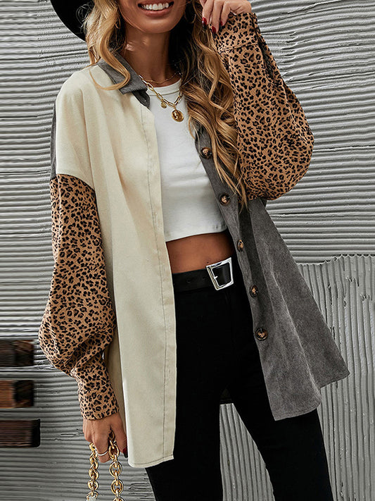 xakxx Long Sleeves Loose Buttoned Leopard Pockets Split-Joint Lapel Jackets Outerwear