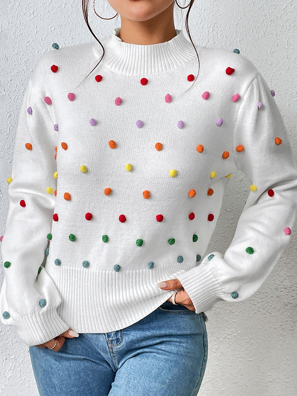 xakxx Long Sleeves Loose Pompom Triming Round-Neck Knitwear Pullovers Sweater Tops