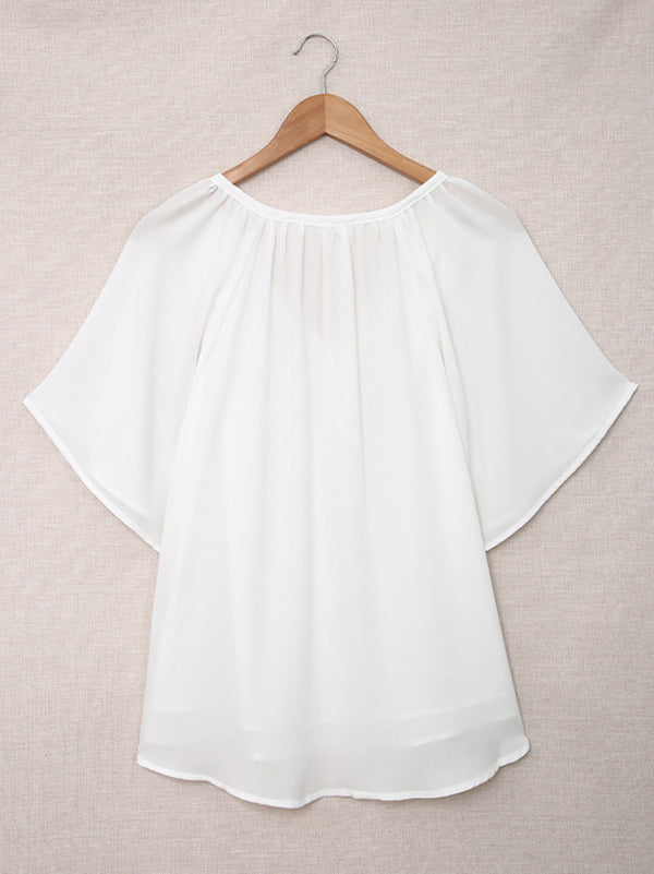 xakxx Simple Casual Solid Color Loose Pleated Half Sleeves T-Shirt Top