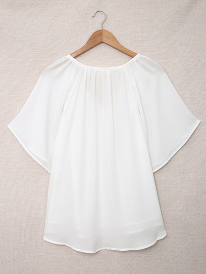 xakxx Simple Casual Solid Color Loose Pleated Half Sleeves T-Shirt Top