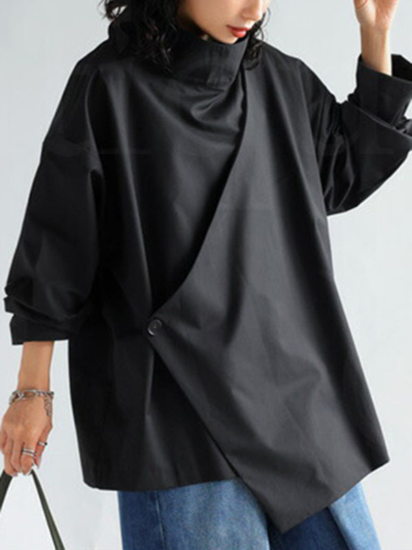 xakxx Long Sleeves Loose Solid Color High Neck T-Shirts Tops