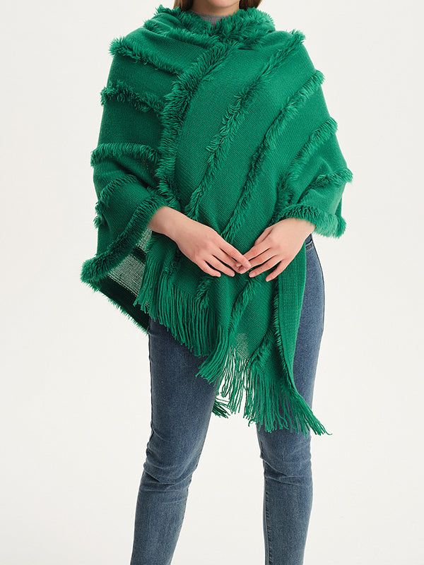 xakxx Hooded Keep Warm Solid Color Tasseled Cape Shawl&Cloak