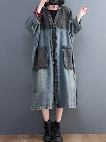 xakxx Artistic Retro Denim Long Sleeves Loose Tied Split-Joint Trench Outerwear