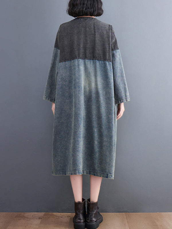 xakxx Artistic Retro Denim Long Sleeves Loose Tied Split-Joint Trench Outerwear