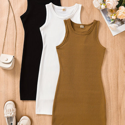 Adorable Girls 3-Pack Sleeveless Rib Knit Dresses - Solid Color Bodycon Designs for a Flattering Fit - Perfect Versatile Summer Wardrobe Essentials