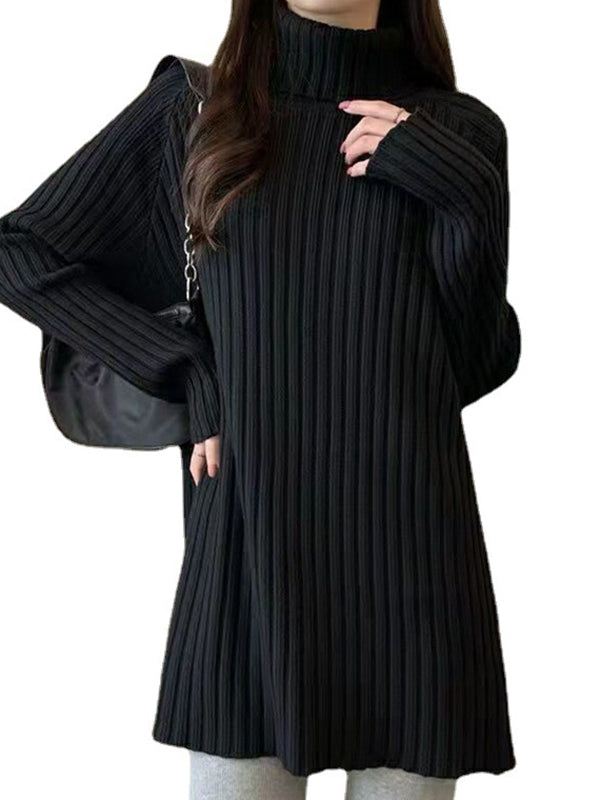 xakxx Casual Long Sleeves Loose Split-Side Solid Color High-Neck Sweater Tops