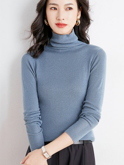 xakxx Simple Skinny Long Sleeves Solid Color High-Neck Sweater Tops Pullovers