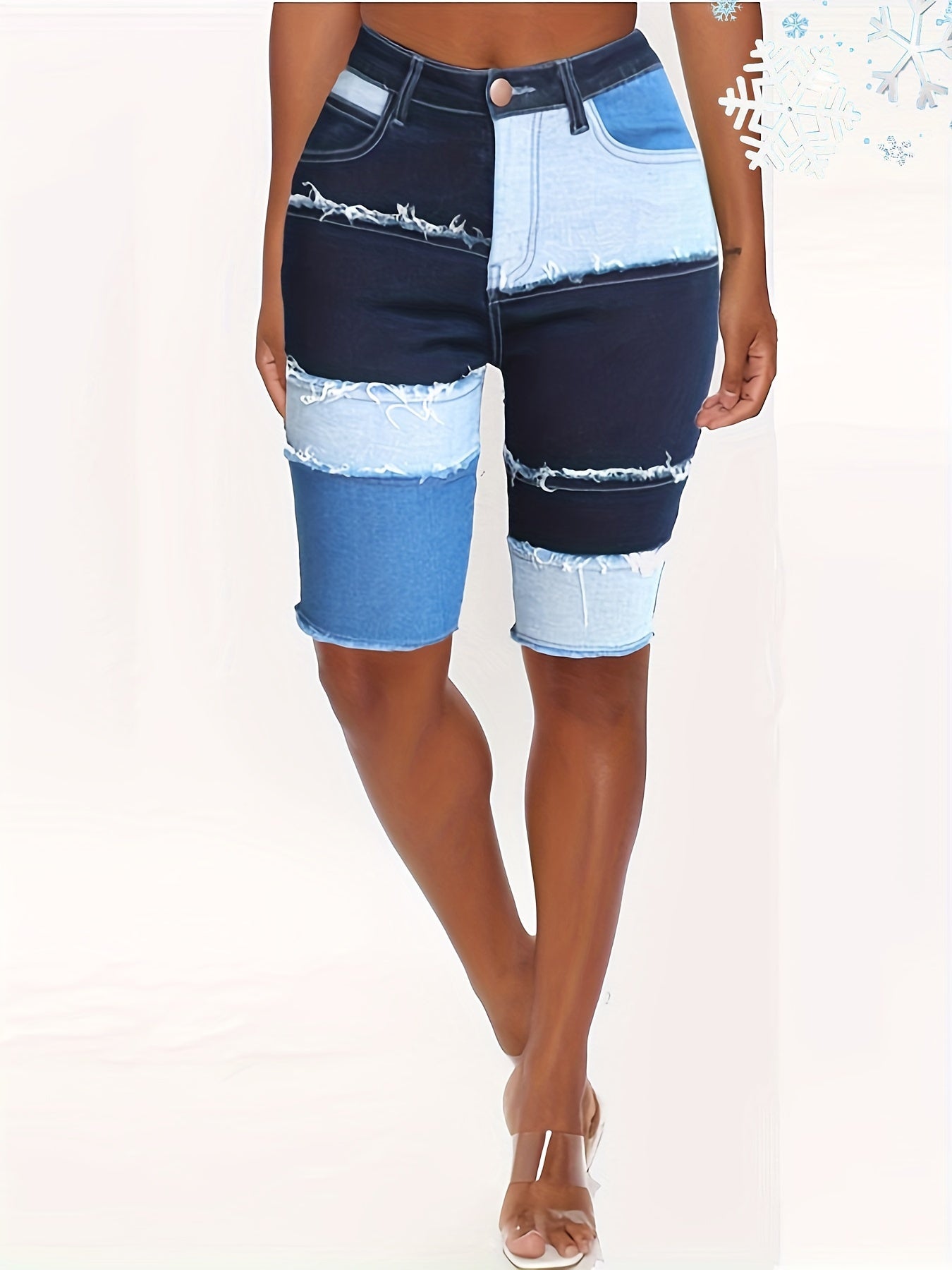 Women's Plus Size Oversized Color Block Bermuda Patchwork Denim Shorts With A Slim Fit Waist And Denim Shorts