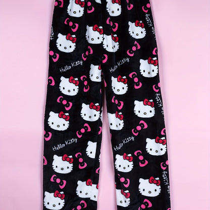 Hello Kitty Flannel Pajama Set for Women - Soft, Warm, White Anime Cartoon Print Lounge Pants - Autumn Fashion Gift Idea